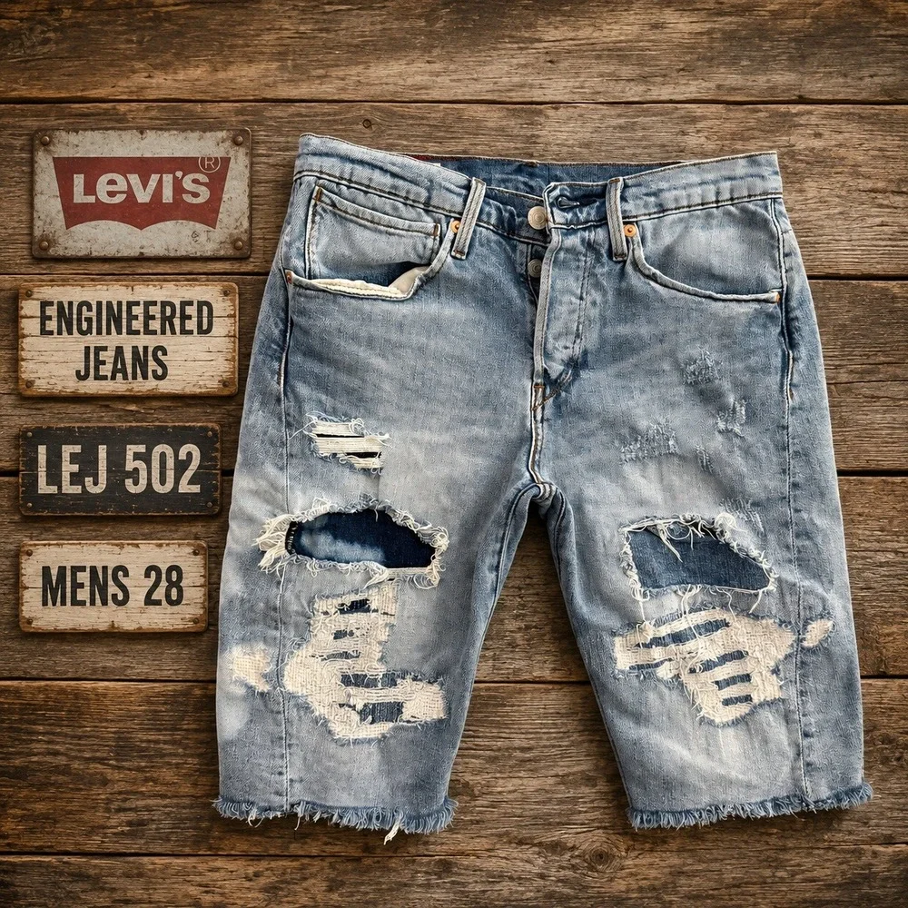 Levis Engineered Jeans LEJ 502 Mens 28 Distressed Patched Denim Shorts Blue